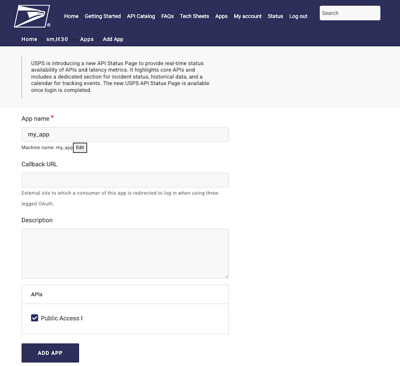 USPS API create app