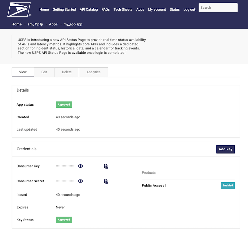 USPS API view credentials